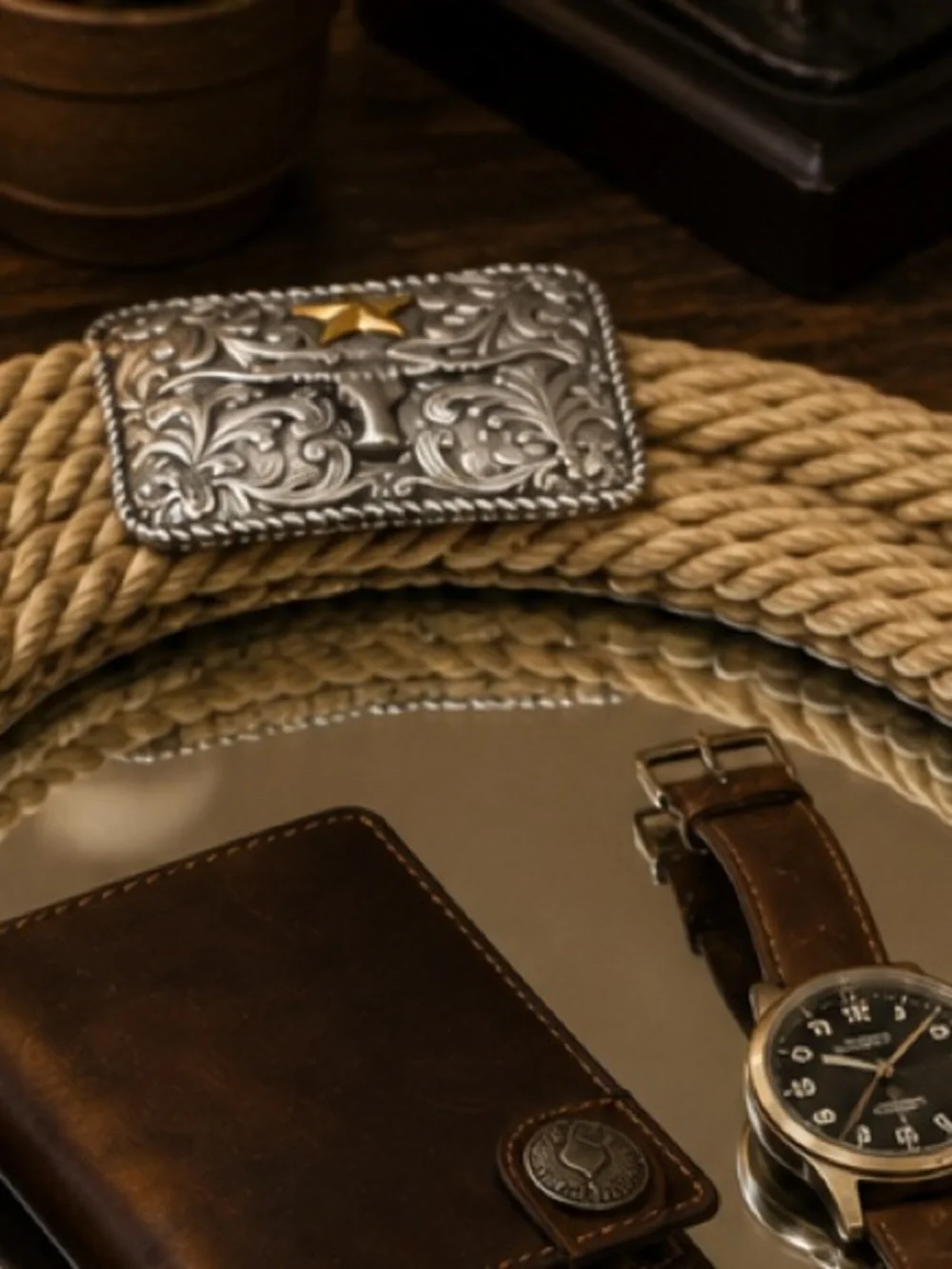 Western Cowboy Oval Rope Wall Mirror with Revolver & Sheriff Star Accents